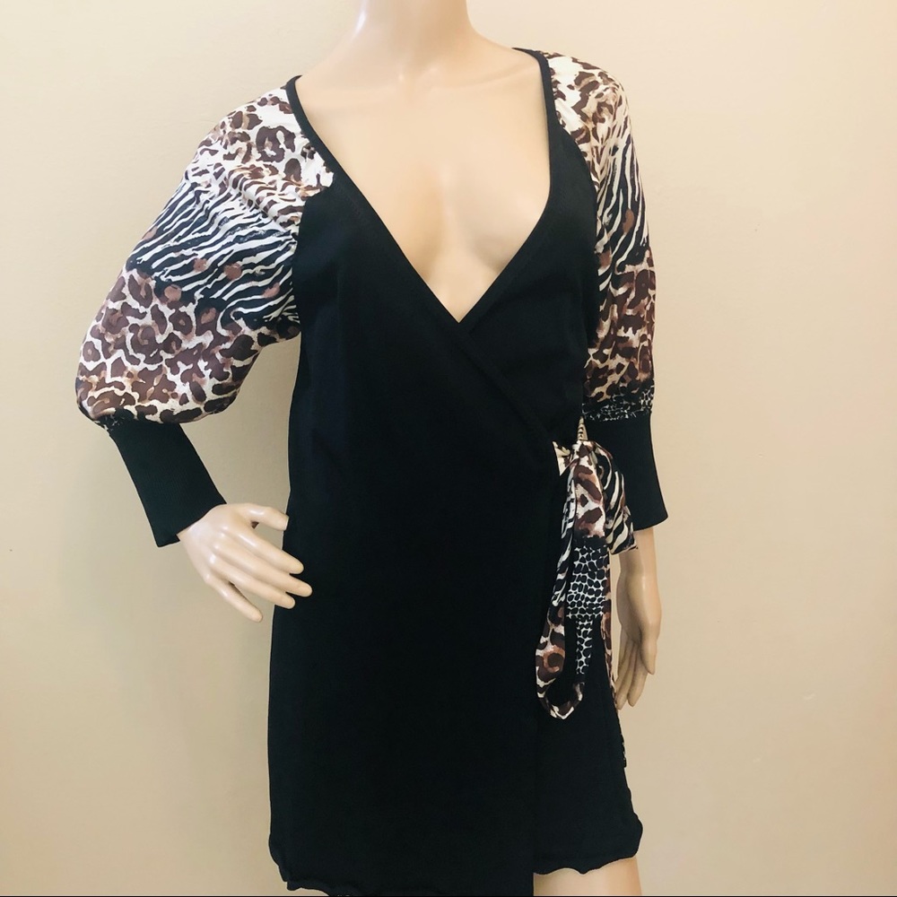 bebe Y2K Silk Mixed Animal Print Wrap Dress Black Size XS Geometric Sleeve Mini